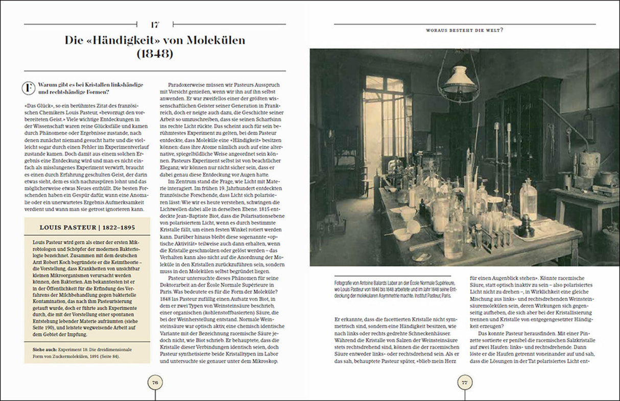 Zweiseitiger Buchausschnitt mit Text über Moleküle und ein Schwarz-Weiß-Foto eines Labortisches mit Chemikalien und Glasgeräten.