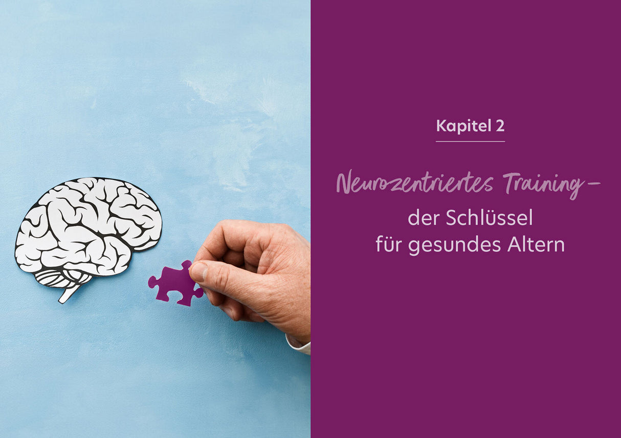 Hand hält Puzzleteil vor Gehirn-Illustration, daneben Text zu neurozentrischem Training für gesundes Altern.