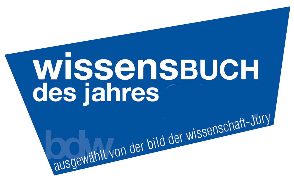 Blauer, schräg gestrecktes Rechteck mit weißen und hellblauen Texten, darunter "wissensbuch des jahres"
