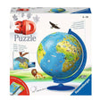 Weltglobus mit 3D-Puzzle, blauer Standfuß, Tiermotive, Vogel fliegt darüber, Löwe und Zebra auf Wiese