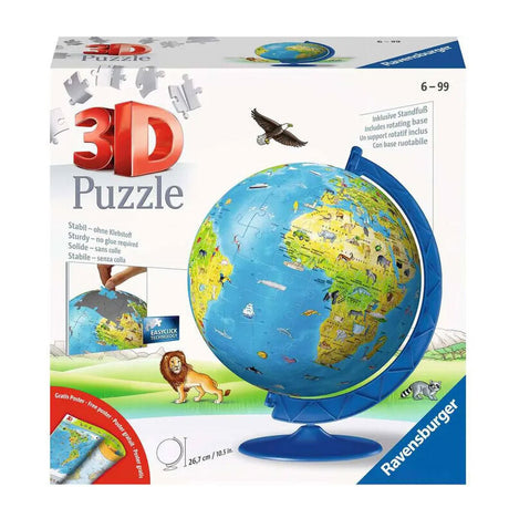 Weltglobus mit 3D-Puzzle, blauer Standfuß, Tiermotive, Vogel fliegt darüber, Löwe und Zebra auf Wiese