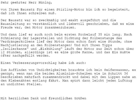 Brief, formeller Brief mit Text über einen Stirling-Motor, Bau, Testlauf und Verbesserungsvorschläge.