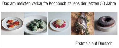 Fünf Bilder von italienischen Gerichten, darunter Pizza, Pasta und Dolci