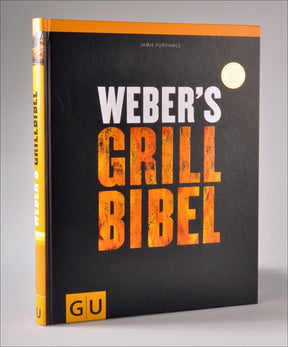 Buch mit schwarzem Cover, Titel "Weber's Grillbibel" in großen weißen und orange Buchstaben, orangefarbener Rand, G+ Logo.