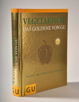 Buch mit goldener und grüner Covergestaltung, Titel "Vegetarisch! Das Goldene von Gu", mit Paprika-Illustration.