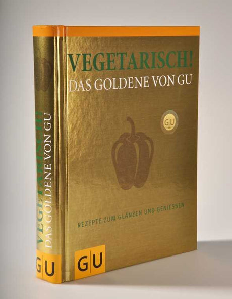 Buch mit goldener und grüner Covergestaltung, Titel "Vegetarisch! Das Goldene von Gu", mit Paprika-Illustration.