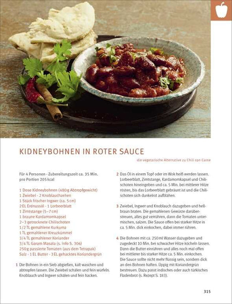 Gekochte Kidneybohnen in roter Sauce in einer Schüssel, daneben frisches Fladenbrot, Koriander und Chili.