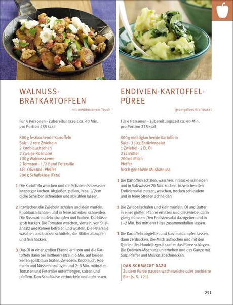 Bunte Kartoffelsalat- und Püree-Schalen mit Zutaten, Zubereitungsschritten und Rezeptinformationen.