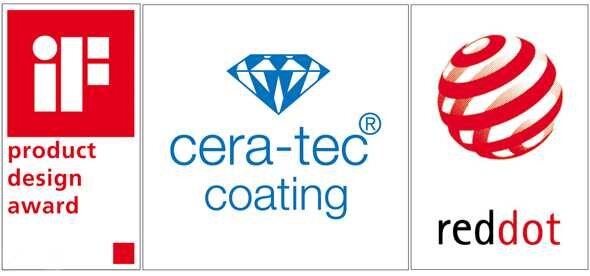 Drei Logos: iF Product Design Award, cera-tec coating mit Diamant-Symbol, red dot Design Award.