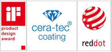 Drei Logos: iF Product Design Award, cera-tec coating mit Diamant-Symbol, red dot Design Award.