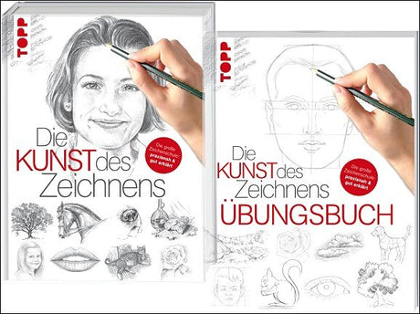 Zwei Bilder eines Zeichenbuchs: links eine fertige Skizze eines Gesichts, rechts eine Skizze in Entstehung
