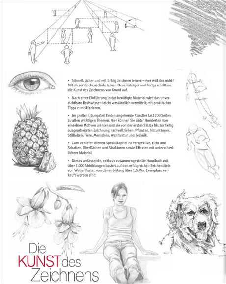 Skizzen, Zeichnungen und Text über Zeichenkunst, Perspektive, Motive und Zeichenmaterialien.