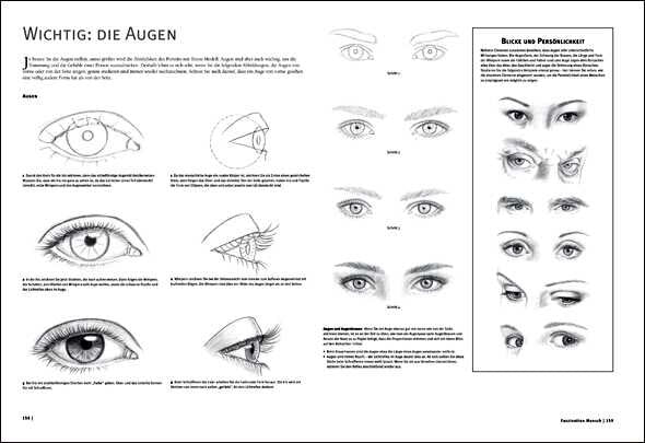 Diagramme und Fotos von Augen in verschiedenen Blickwinkeln und Gesichtsausdrücken, mit Texten zu Augenpflege und Persönlichkeit.