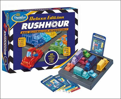 Brettspiel "Rush Hour Deluxe Edition" mit Spielbox, Spielsteinen, Karten und Spielanleitung.