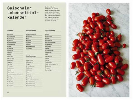 Saisonaler Lebensmittelkalender mit Text auf der linken Seite und einer Vielzahl roter Tomaten auf weißem Hintergrund auf der rech