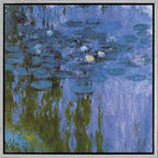 Aquarellbild mit blauen Wasserflächen, grünen und weißen Reflexen, im impressionistischen Stil.