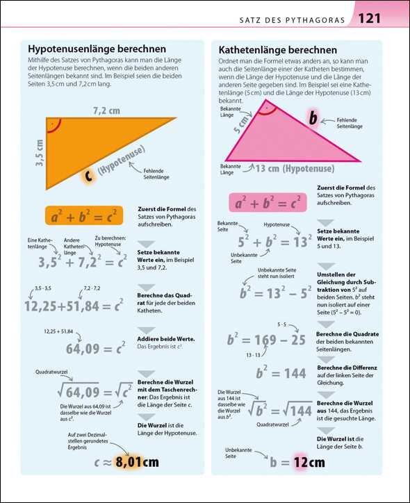 Diagramm mit Formeln zur Berechnung der Hypotenusen- und Kathetenlänge in rechtwinkligen Dreiecken.