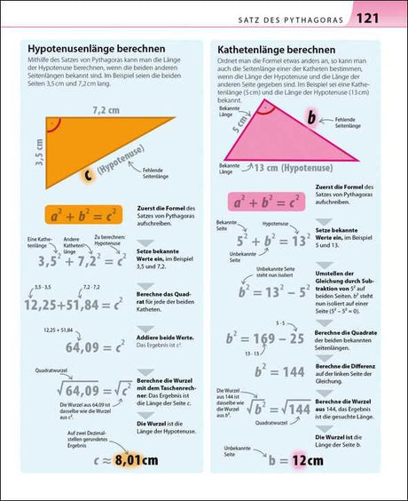 Diagramm mit Formeln zur Berechnung der Hypotenusen- und Kathetenlänge in rechtwinkligen Dreiecken.