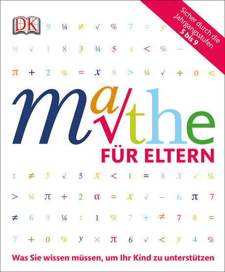 Buchstaben, Zahlen und mathematische Symbole in verschiedenen Farben, mit rotem Text und pinkem Banner.