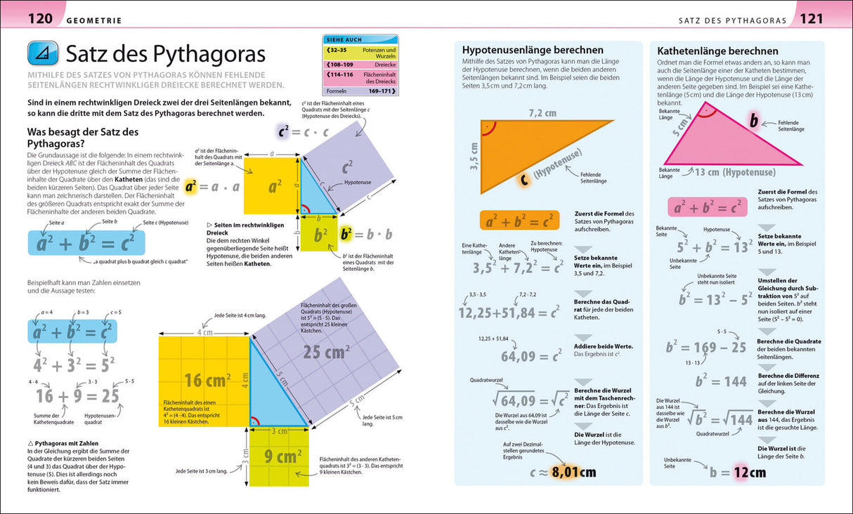 Diagramm zum Satz des Pythagoras mit Formeln, Berechnungen und Beispielen in Deutsch.