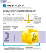 Seitenüberschrift "Was ist Algebra?" mit Text, einer Waage-Grafik, einer Zahl 2+, einem gelben Würfel mit Fragezeichen