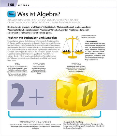 Seitenüberschrift "Was ist Algebra?" mit Text, einer Waage-Grafik, einer Zahl 2+, einem gelben Würfel mit Fragezeichen