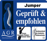 Grafik eines menschlichen Profils mit sichtbarer Wirbelsäule, Text "Jumper geprüft & empfohlen" und Logos von Rückenverbänden.