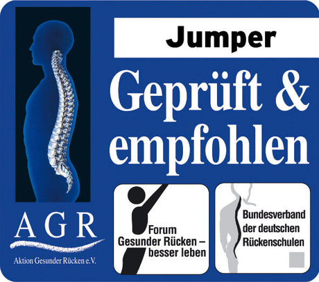 Grafik eines menschlichen Profils mit sichtbarer Wirbelsäule, Text "Jumper geprüft & empfohlen" und Logos von Rückenverbänden.