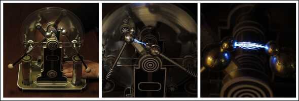 Drei Bilder von einem mechanischen Gerät mit Spiralen, Kugeln und leuchtenden Elementen.