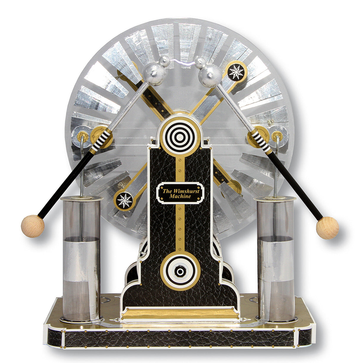 Uhr mit zwei Pendeln, schwarzem Zifferblatt, goldenen Akzenten und einem schwarzen Gehäuse mit Muster.