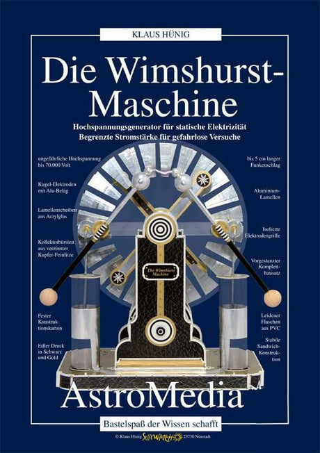 Buchcover mit Titel "Die Wimshurst-Maschine" und Illustration einer Wimshurst-Maschine mit Beschreibungen.