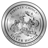 Grafik eines runden Logos mit der Aufschrift "Parents' Choice" und "Silver Honor". Illustration einer Frau mit Kindern und Tieren.