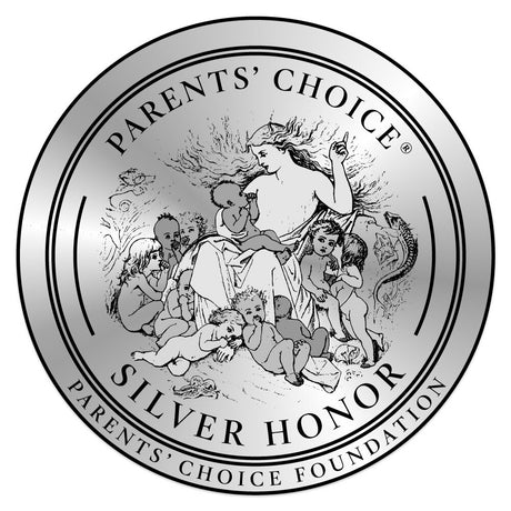 Grafik eines runden Logos mit der Aufschrift "Parents' Choice" und "Silver Honor". Illustration einer Frau mit Kindern und Tieren.