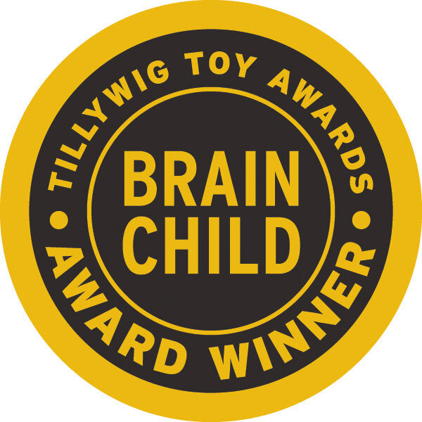 Goldener und schwarzer runder Badge mit Text: "Tillywig Toy Awards", "Brain Child" und "Award Winner".
