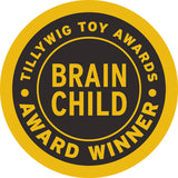 Goldener und schwarzer runder Badge mit Text: "Tillywig Toy Awards", "Brain Child" und "Award Winner".