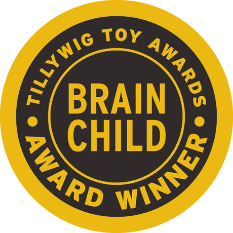Goldener und schwarzer runder Badge mit Text: "Tillywig Toy Awards", "Brain Child" und "Award Winner".