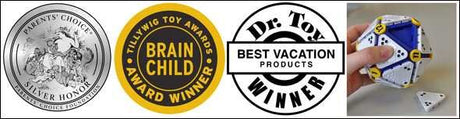 Vier Logos: Elternpreis, Brain Child Award, Dr. Toy Best Vacation Winner, hand hält blauen Würfel mit Spielsteinen.