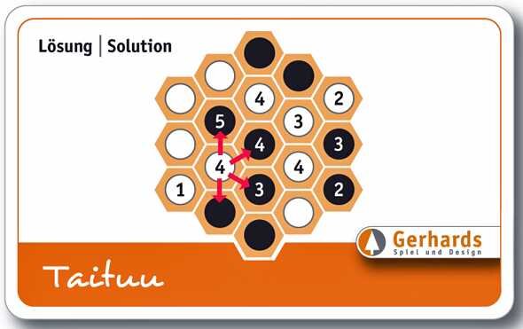 Hexagonale Spielsteine in Schwarz, Weiß und Orange mit Zahlen, Pfeile und Legemuster auf einem Spielplan.