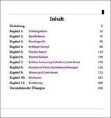 Inhaltsverzeichnis mit Kapiteln zu Fitness, Ernährung und Übungen, Seitenzahlen aufgeführt.
