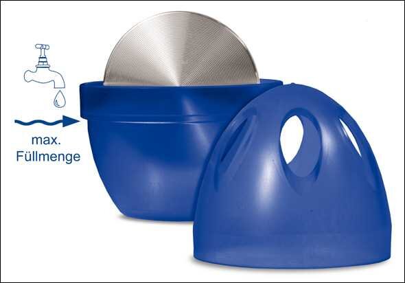 Blaue Küchenmaschine mit abnehmbarem Deckel, Schneidscheibe und Wasserhahn-Symbol, das maximale Füllmenge anzeigt.