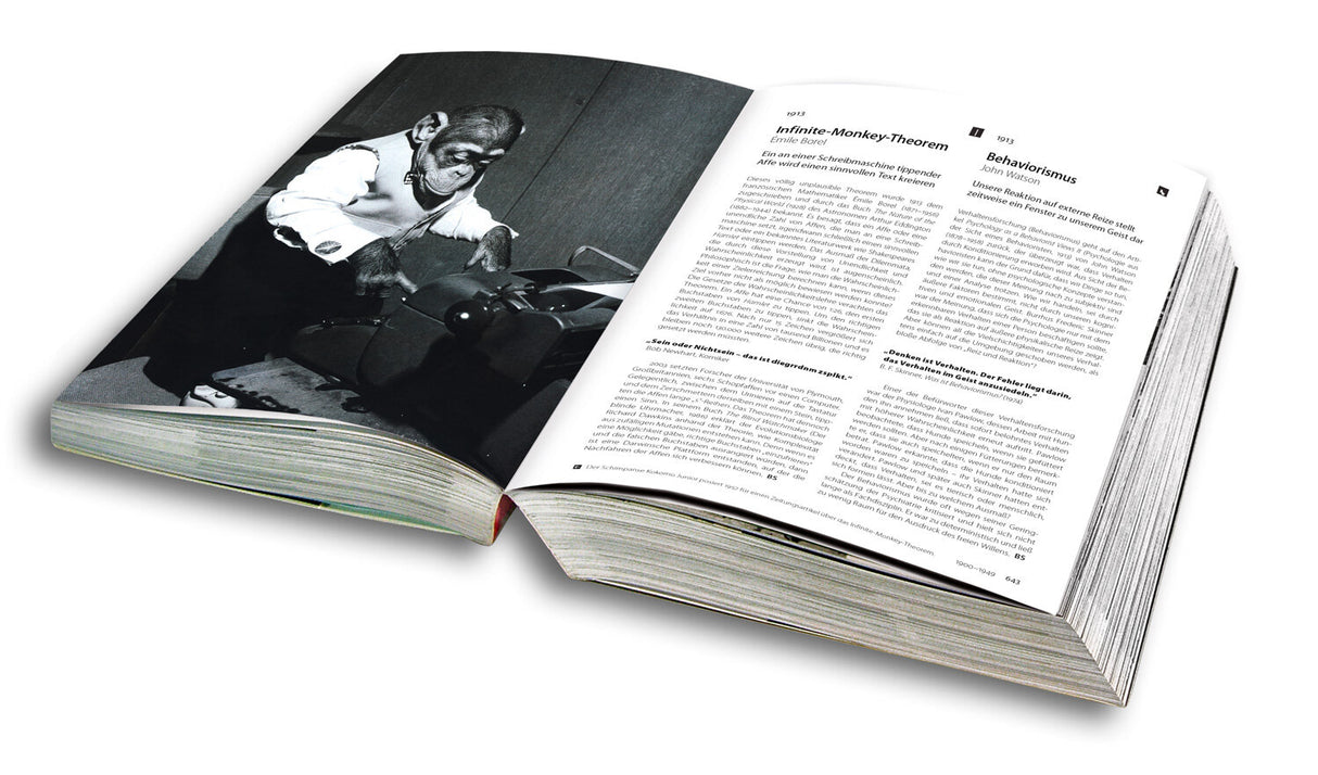Offenes Buch mit Text und schwar-weißem Foto eines älteren Mannes, der an einem Tisch arbeitet.