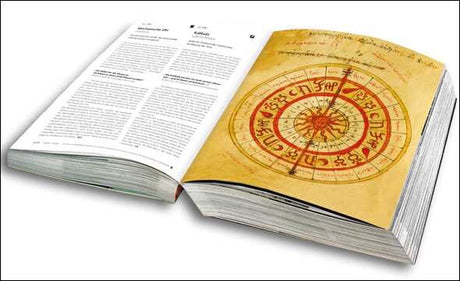 Offenes Buch mit Text auf der linken Seite und einer alten, runden, rot-gelben astrologischen oder magischen Zeichnung auf der rec