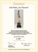 Zertifikat für Emil Nolde als Java-Tänzerin, nummeriert 5/980, mit Abbildung einer bronzefarbenen Skulptur auf schwarzem Sockel.