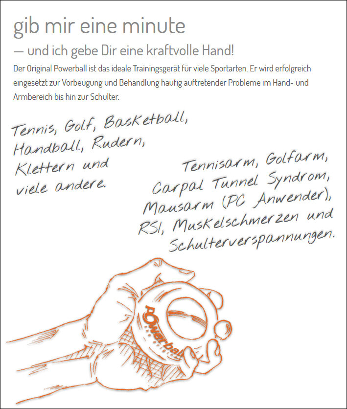 Hand hält einen Powerball mit Text, umgeben von handgeschriebenen Sportarten und Beschwerden.