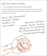 Hand hält einen Powerball mit Text, umgeben von handgeschriebenen Sportarten und Beschwerden.