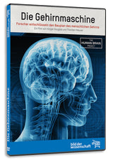 DVD-Hülle mit einem blauen, digitalen Abbild eines menschlichen Kopfes und Gehirns, Titel: "Die Gehirnmaschine".