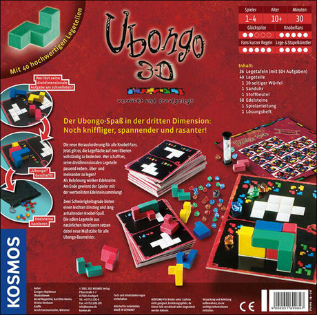 Brettspiel "Ubongo 3D" mit bunten Tetris-ähnlichen Steinen, Spielkarten, Würfeln und Spielanleitung auf rotem Hintergrund.