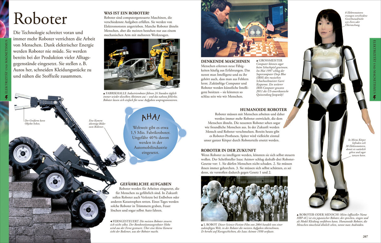 Roboter-Artikel mit Bildern: Roboterarm, Roboter im Test, humanoider Roboter, Schachroboter, Roboter auf Treppe, Roboter-Mensch.