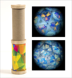 Kartonrohr mit buntem Muster, daneben zwei Bilder von durchleuchteten, geometrischen, blauen Glasobjekten.