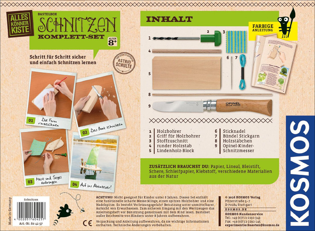 Bastelset "Schnitzen" mit Holzbohrer, Messer, Holzblock, Anleitung, Fotos, und weiteren Werkzeugen auf beige Hintergrund.